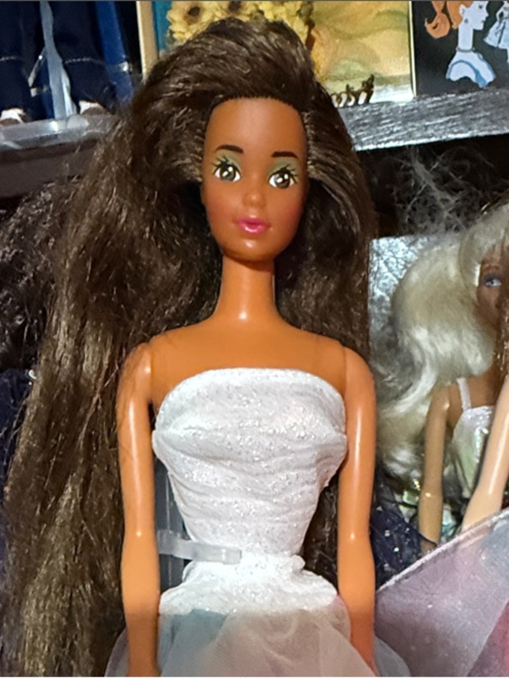 Brunette Barbie with sought after Steffi fave in WhiteSheer Layered Doll Gown -